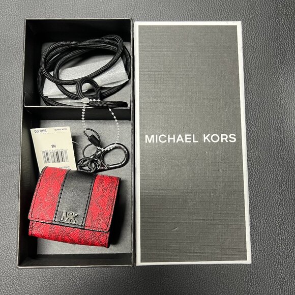 Michael Kors Women AirPod Earbud Case with Lanyard MK Gift Box in Red/Black New - Picture 1 of 4